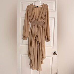 Beige Long Sleeve Smocked Waist cover up Dress